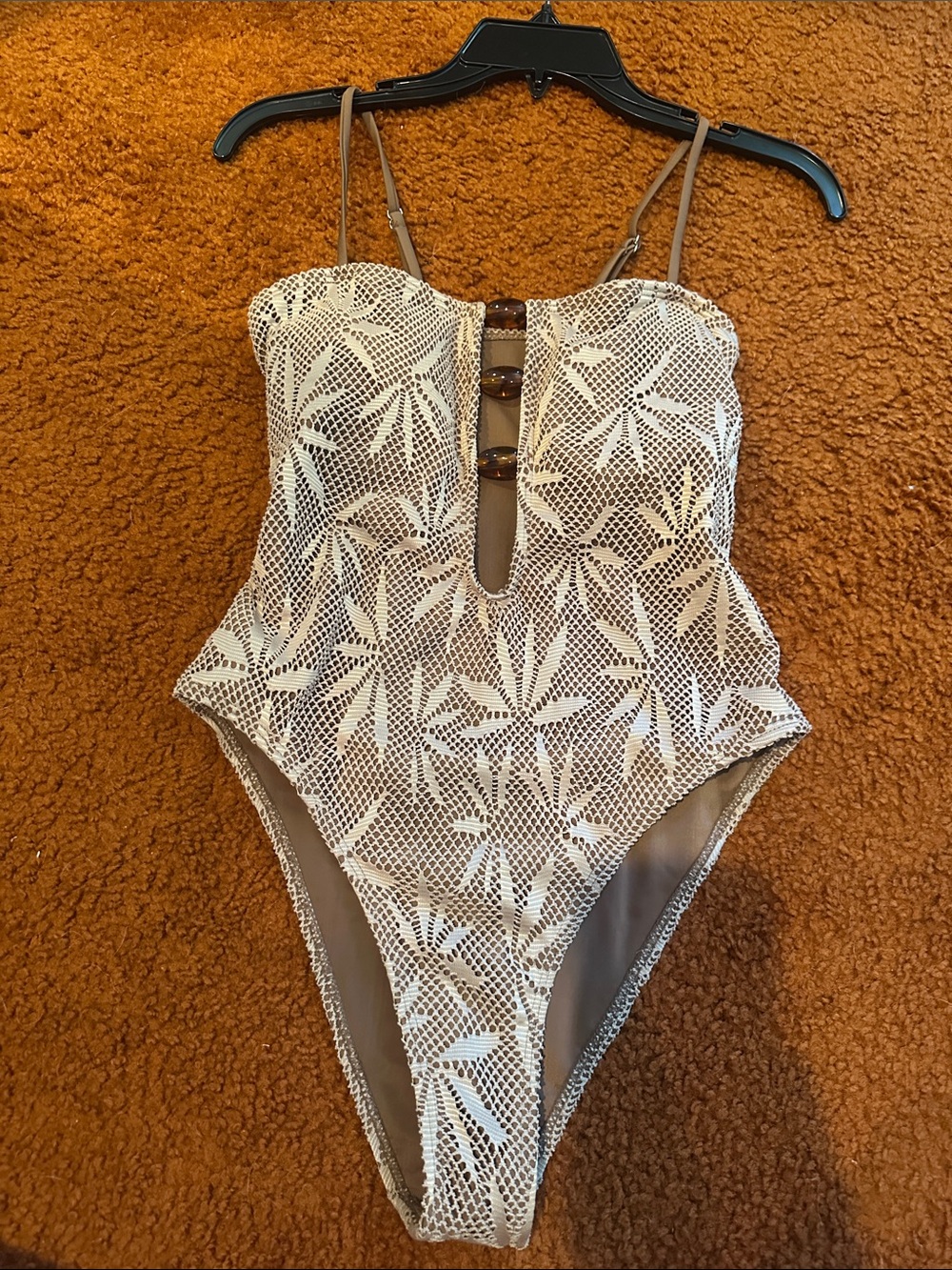 Amazon Women’s One-Piece Swimsuit in Beige and White Lace Overlay